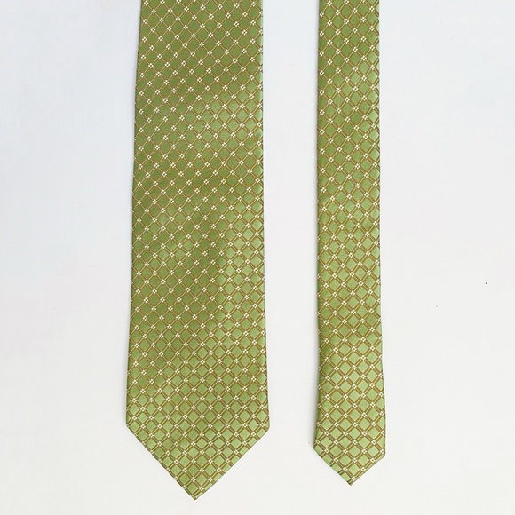 ERMENEGILDO ZEGNA GREEN BROWN WHITE DIAMOND PRINT JACQUARD SILK NECK TIE - Picture 2 of 7
